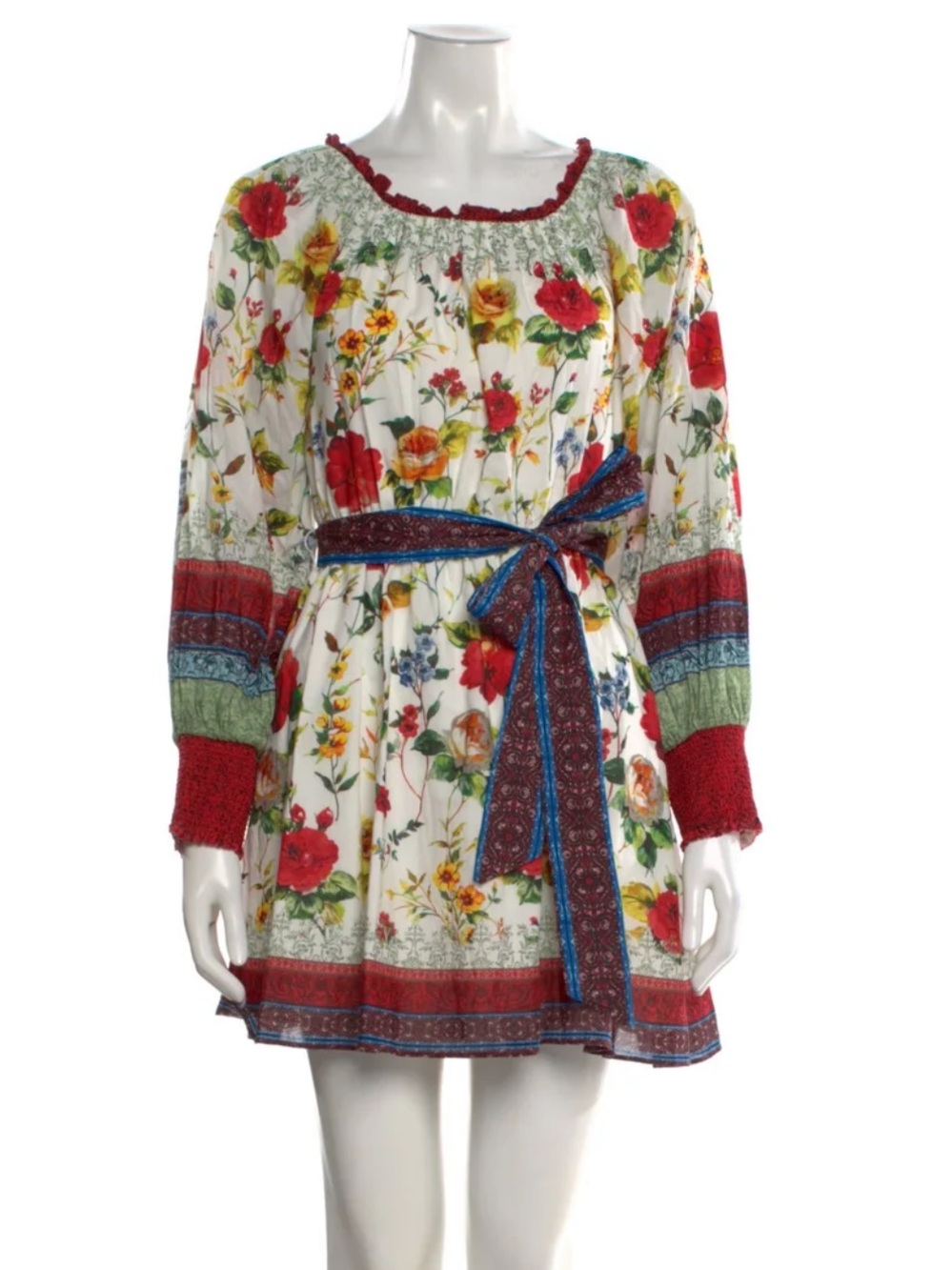 Alice + Olivia White Floral Tie-Waist Mini Dress with Red Accents